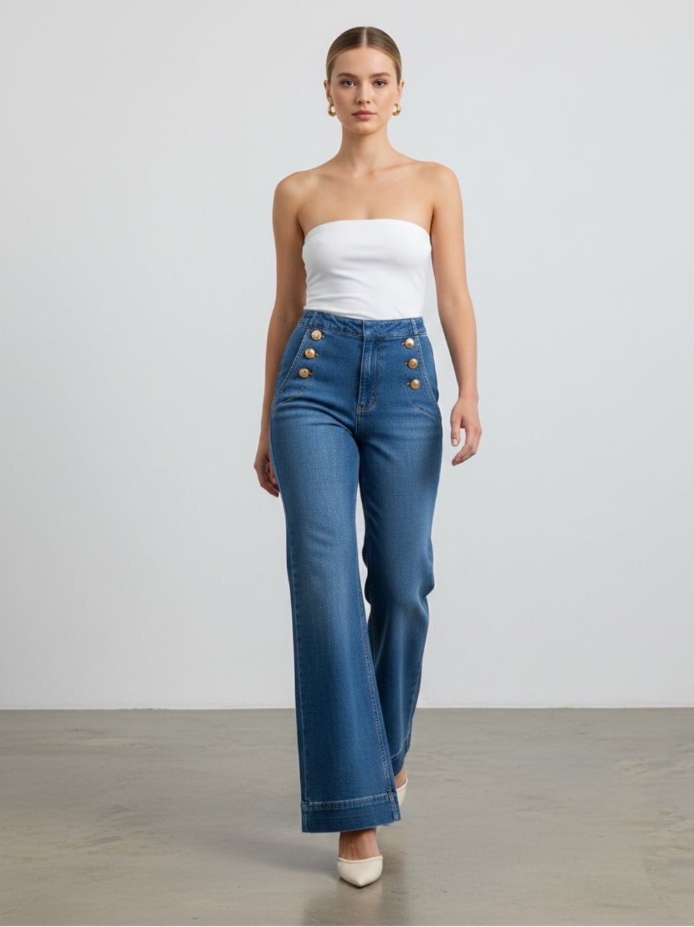 High-Rise Wide-Leg Jeans with Gold Button Detail - Blue